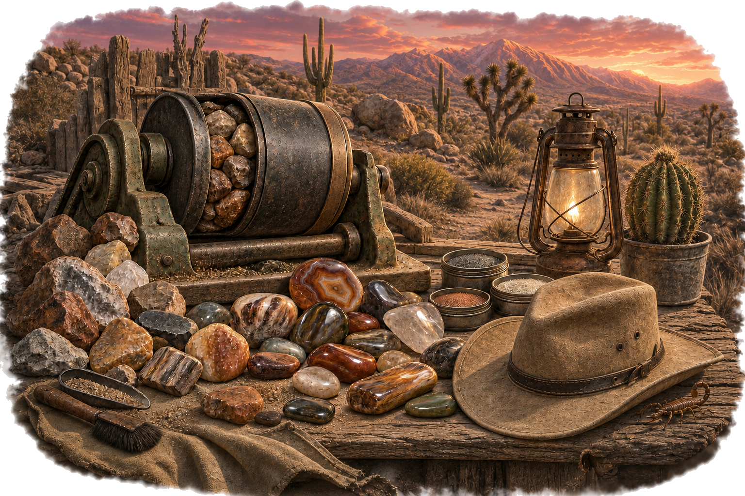 Rock tumbling workbench at sunset with polished stones, a weathered cowboy hat, desert cacti, Joshua trees, and mountains
