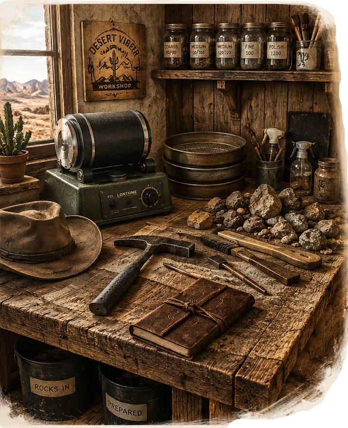 Rock tumbling workbench with Desert Viber equipment